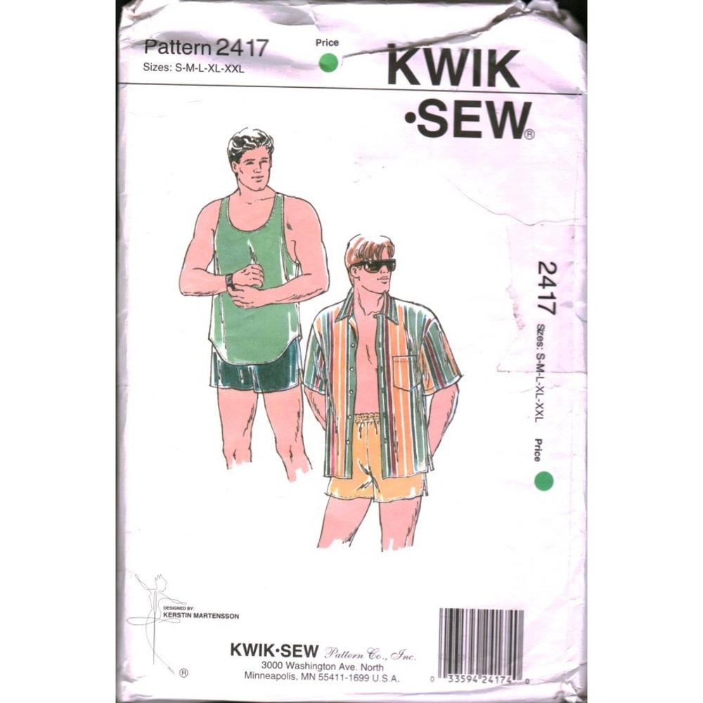 Kwik Sew 2417‎ Mens Shirt Tank Top Swim Trunks Sewing Pattern Size S-M CUT